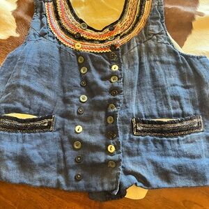 Magnolia Pearl Blue Embroidered Button-Front Vest with Colorful Neck Trim